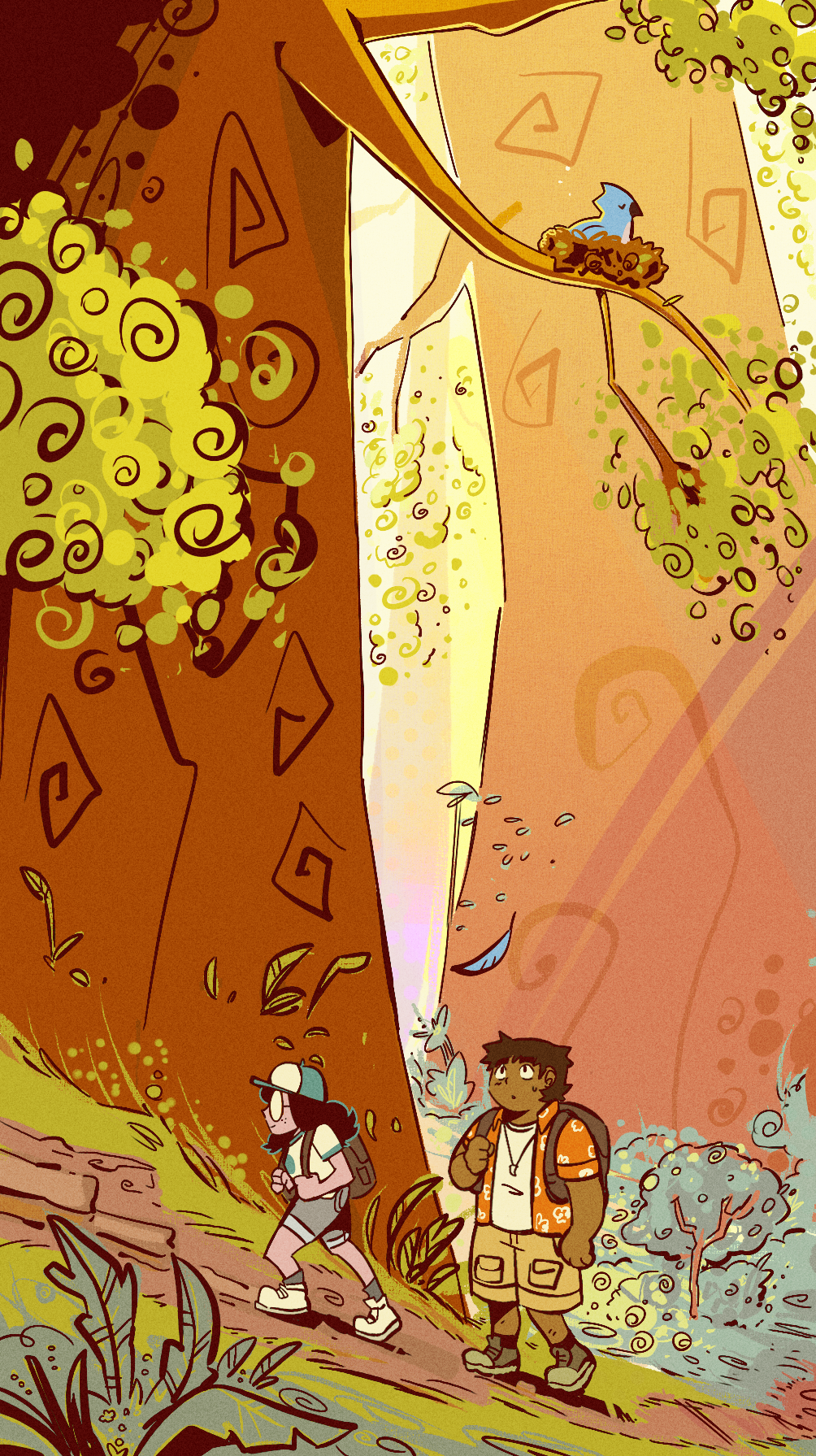 Two character's enjoy the Californian Redwoods.