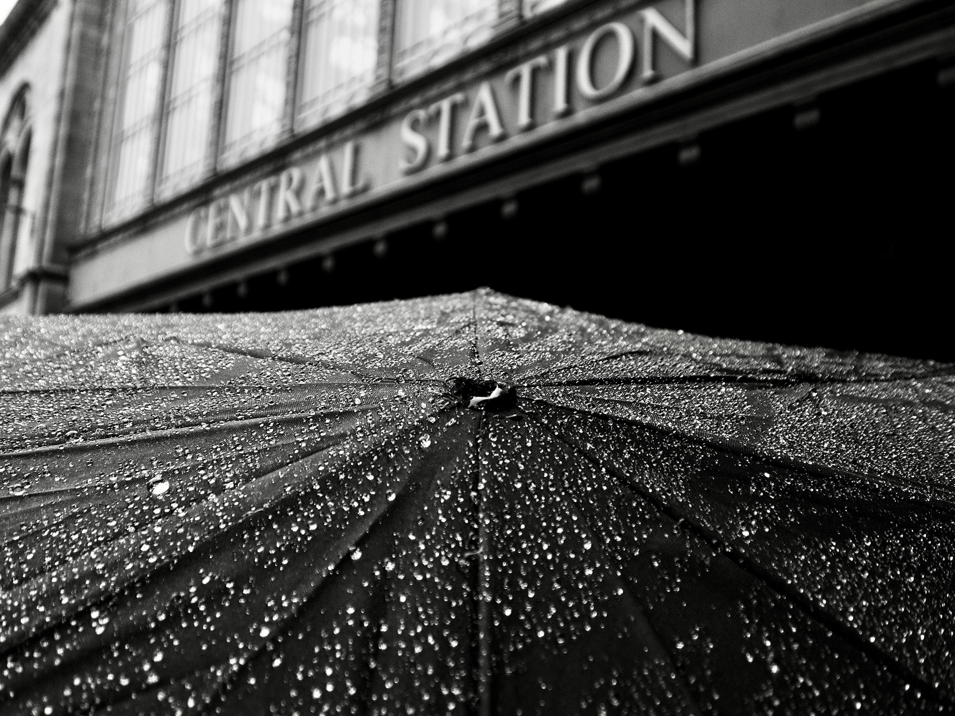 A black umbrella covered in fine raindrops beneath what is known in Glasgow as the Heilanman's Umbrella, the underpass beneath Central Station which is home to a range of shops and historically was where visitors from the Highlands were known to gather.