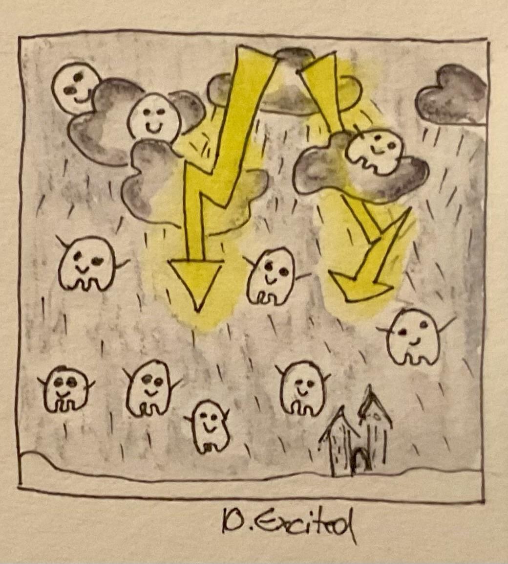 A whimsical illustration featuring smiling ghost-like figures amidst clouds and rain, with two yellow lightning bolts striking downward. A small house appears at the bottom of the image.