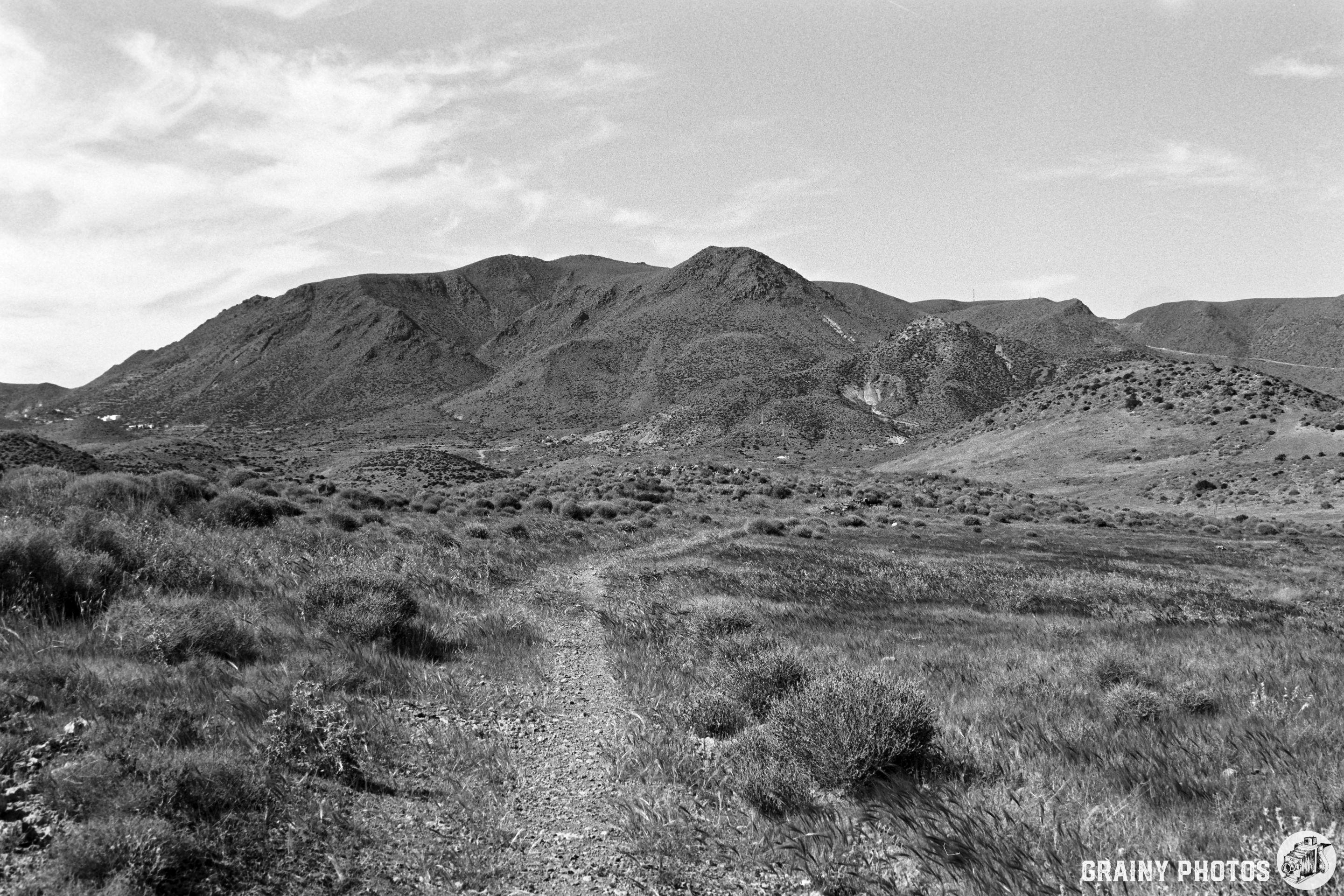 A winding dirt path leads through expansive grasslands towards distant mountains under a cloudy sky, captured in black and white for a timeless landscape feel.