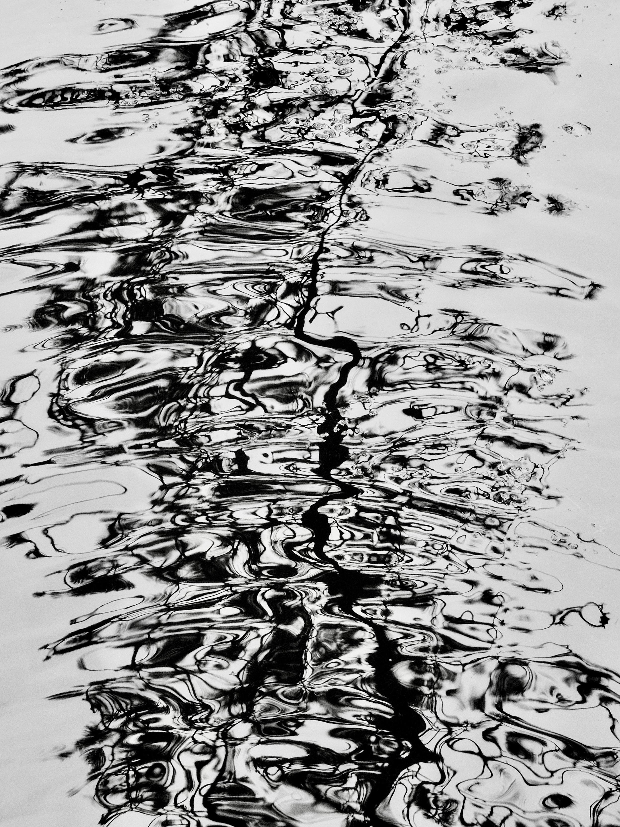 Abstract black and white image taken with an OM System Tough TG-7 pocket camera and showing the dark reflections of tree branches reflecting on the rippled surface of a large pond, where the movement of the wind-blown water has created abstract, dancing patterns out of the reflections.