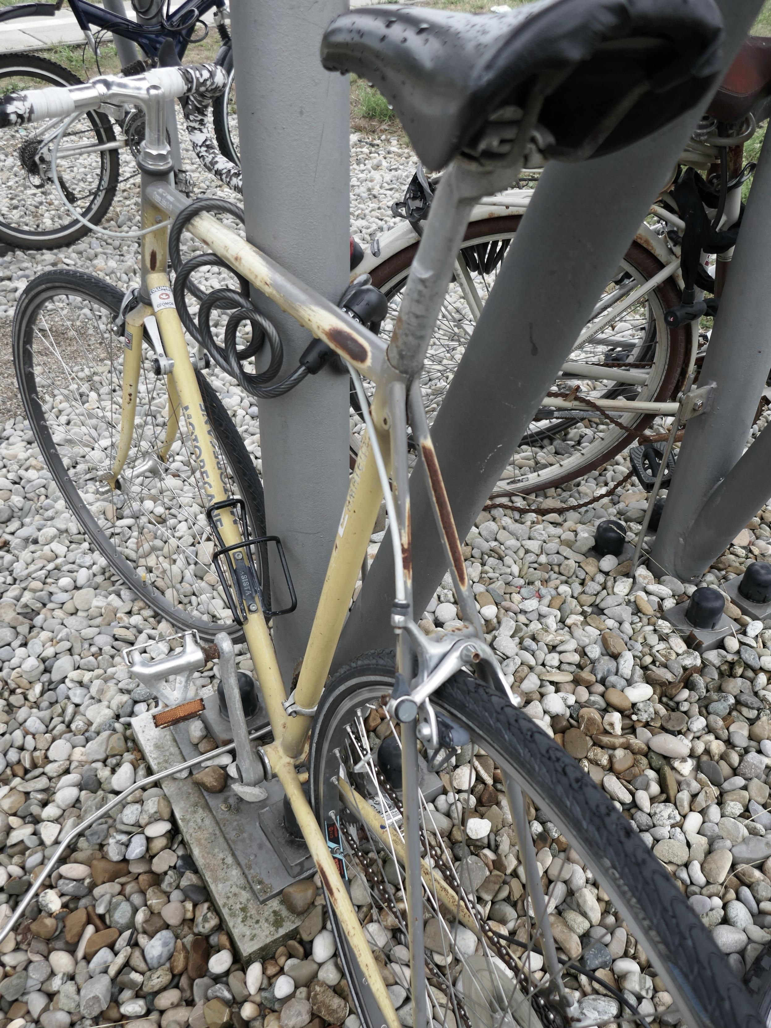 an old bicycle leaning at a steel pillar. It is roadbike style, with the shifters at the downtube. No feders, no running lights, but reflectors at the pedals.There is rust at the top tobe and the seat stays, because the lock has been rubbing off the paint while riding. The picture shows the gravel the bike stands on, and parts of other bikes parked there.