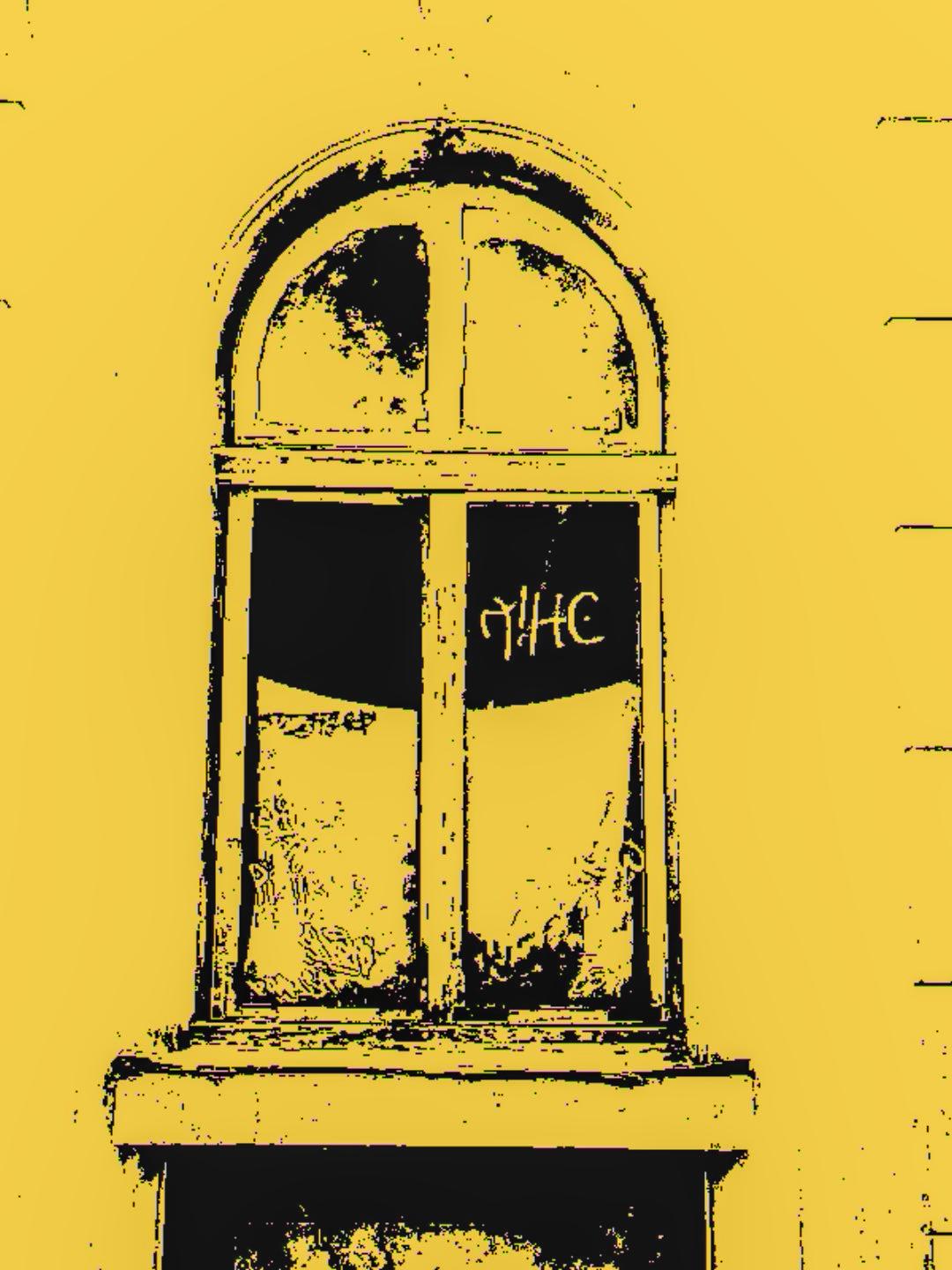 A small arched window with decorative framing, rendered in a stark yellow-and-black high-contrast style. The window appears weathered, with peeling surfaces and vegetation visible behind the glass. The image has a raw, lo-fi graphic quality characteristic of the Kodak Charmera.