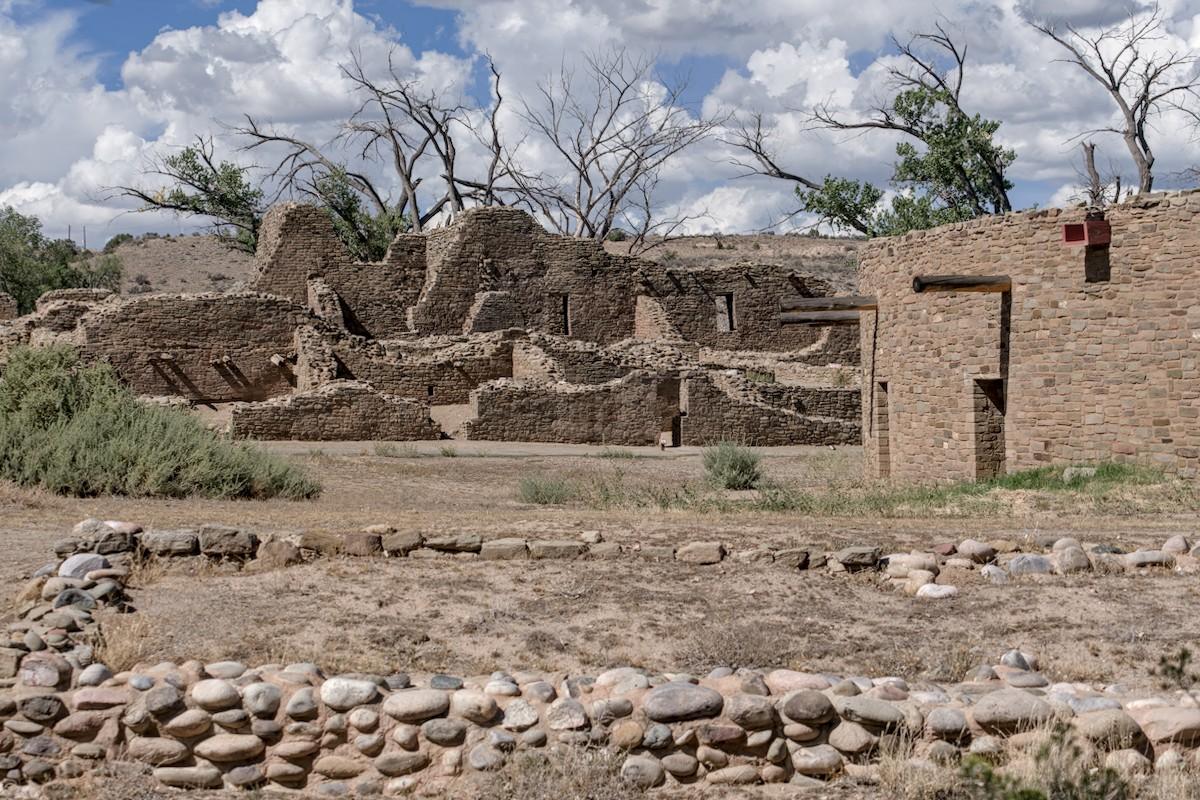 A color landscape photo of an 800-year-old Native-America village. Modern Natives no longer occupy the structures but local Natives believe their ancestors still do, hence, out of respect we don't say they are ruins or abandoned. A short rock wall borders off an rectangular space in the foreground. Some desert shrubs are seen on the left. There's an open space and then the roofless structures made of local rocks shaped bricks. Open window spaces can be seen. Behind the structures is a dead tree in the center and scraggly cottonwood trees on either side. On the right is the side of restored round kiva. Round posts about three feet long are seen sticking out of the wall. The sky is filled with puffy white clouds.