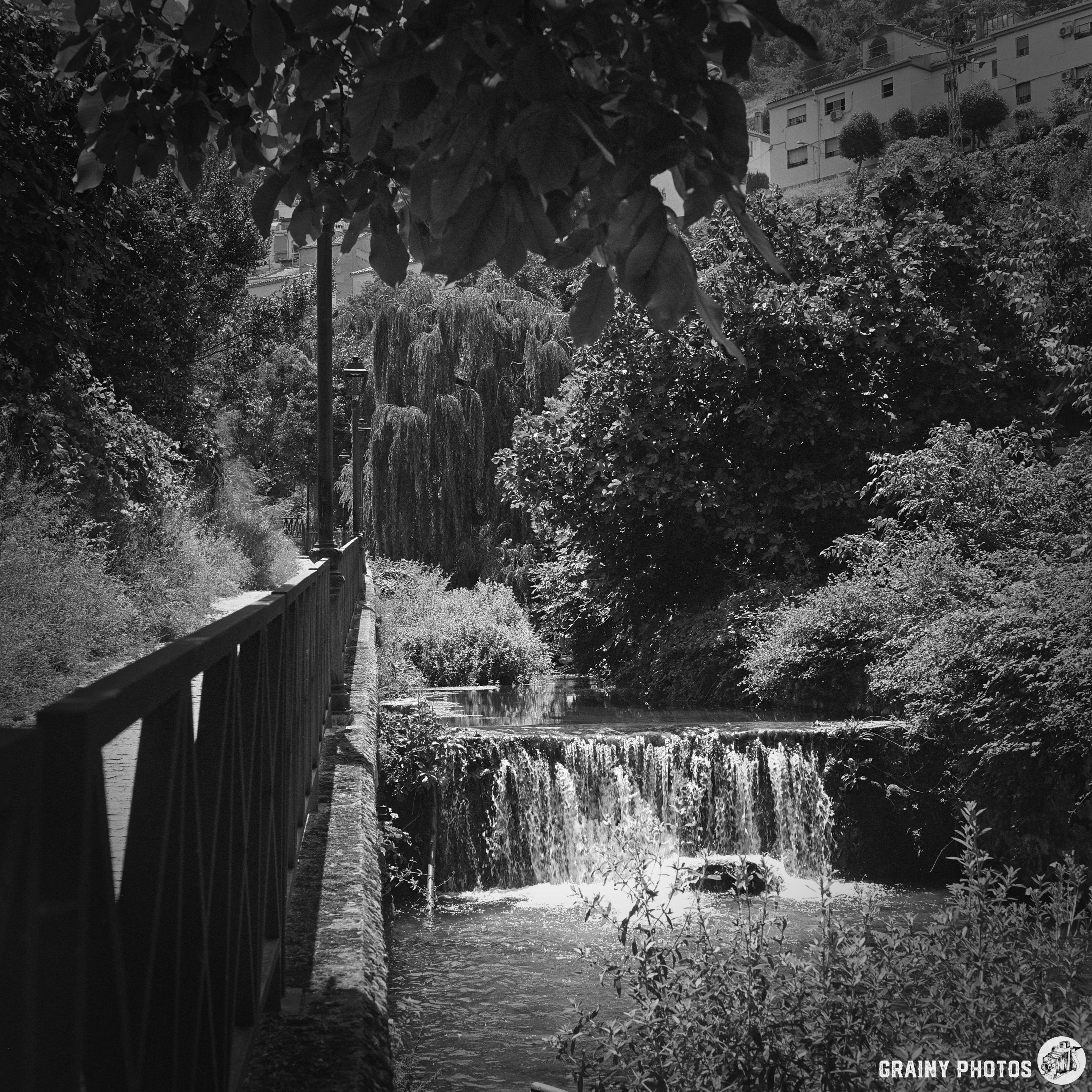 A serene black-and-white scene of a tranquil stream flowing over a small waterfall, surrounded by lush greenery and trees. In the background, a bridge leads the viewer's gaze across the water, enhancing the peaceful atmosphere of the landscape.