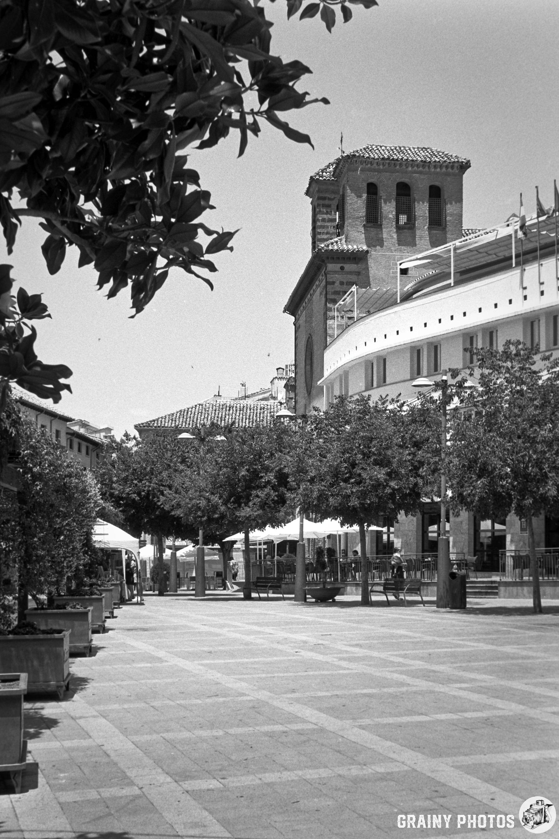 A sunny day in a quiet plaza, showcasing a mix of modern and historic architecture. The scene features trees, sustainable outdoor seating areas, and a notable clock tower in the background, evoking a serene atmosphere.